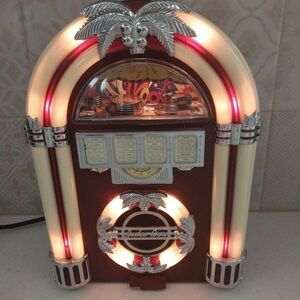 Vintage 1999 Jukebox AM/FM Radio Lighted Tabletop Woodgrain Retro Works 11"